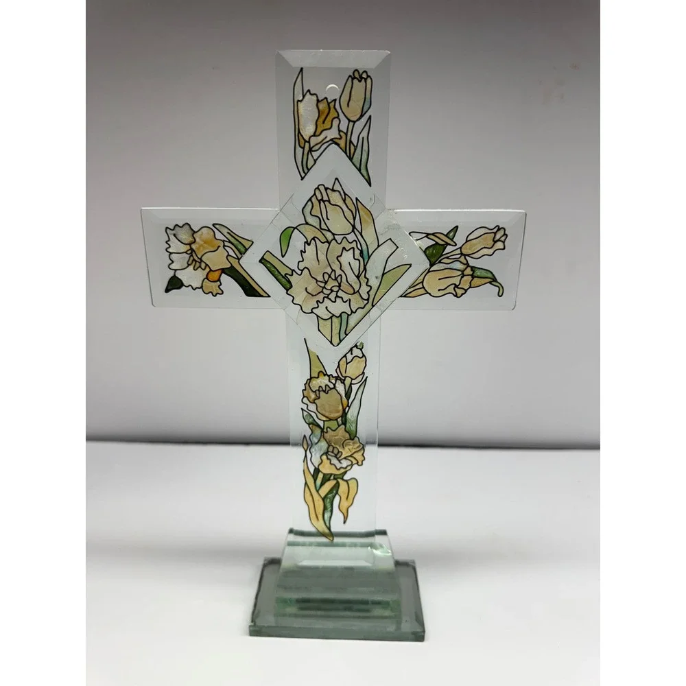 Glass Beveled Floral Cross Religious Tabletop Decor Yellow Tulips 10 Inch